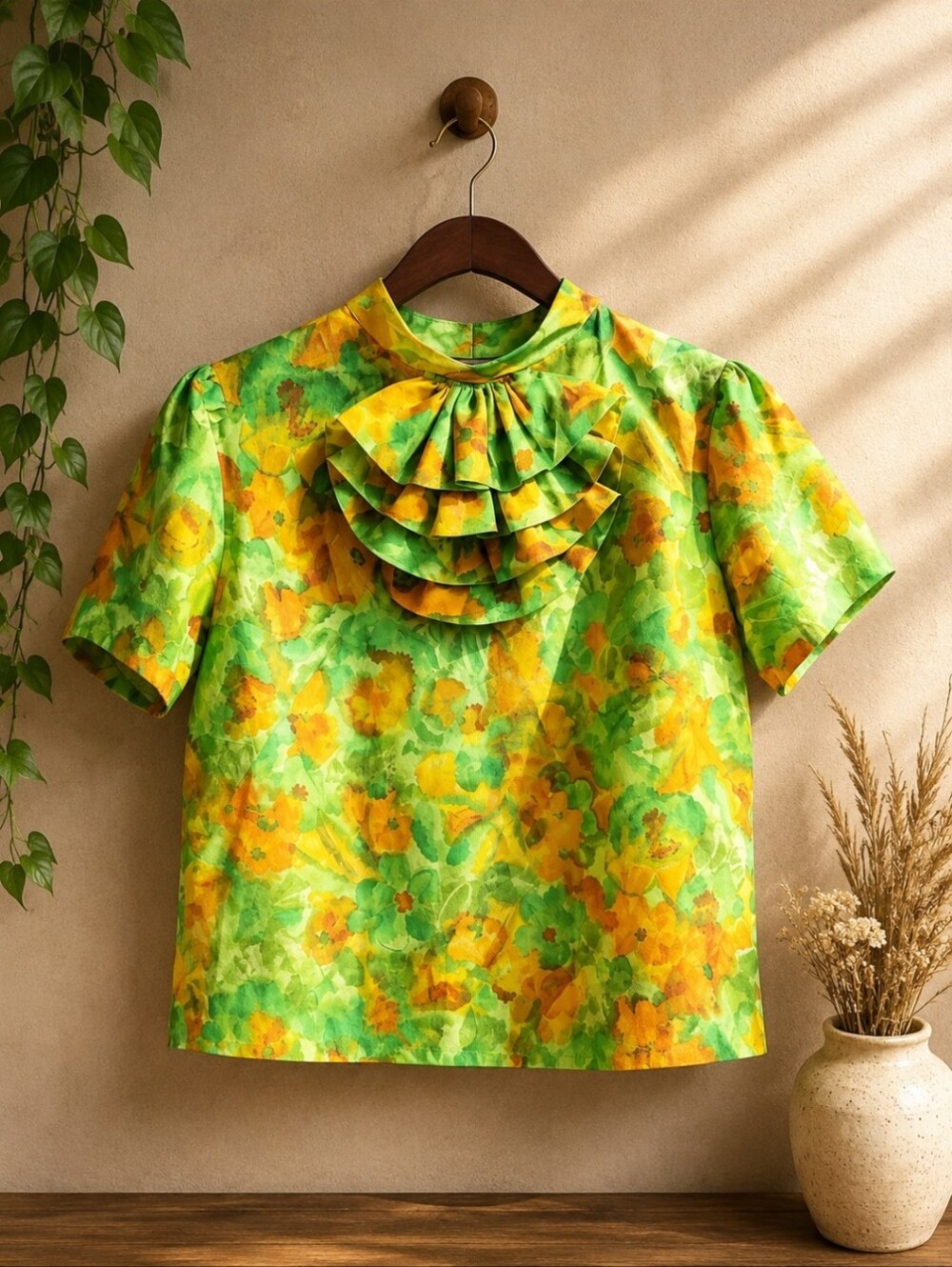 1960s Vintage Floral Short Sleeve Blouse Ruffle Cravat Button Up Back